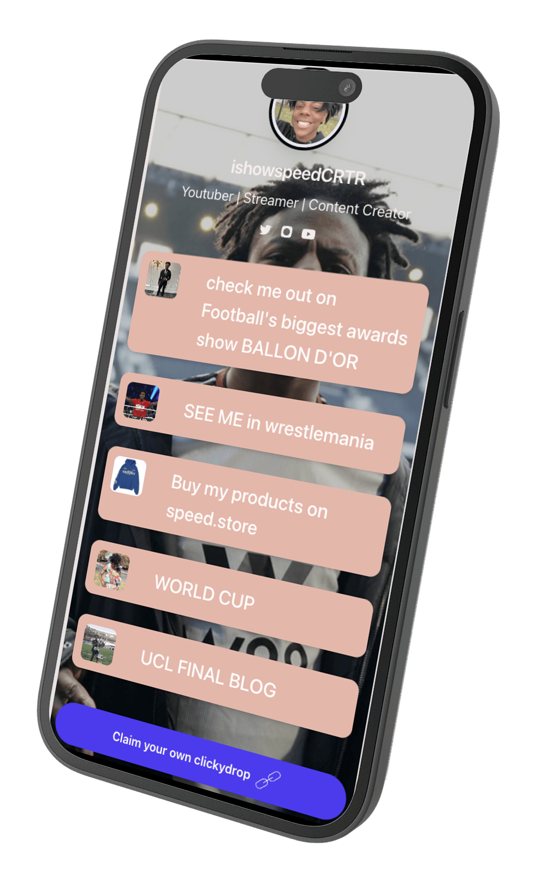 App preview of a bio link page